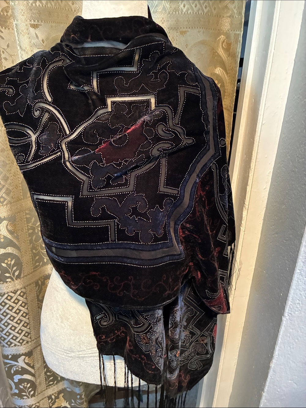 Velvet Embroidered Black & Burgundy burnt velvet Shawl Fringed